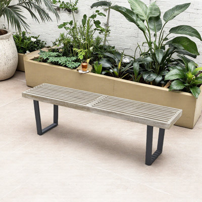 Banc de salle à manger de patio, bois d'acacia avec pieds en fer, moderne et contemporain