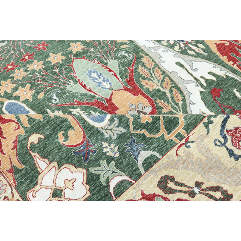 High-Quality Hand-Knotted Green And Gold Area Rug, Rectangle 9' x 12'