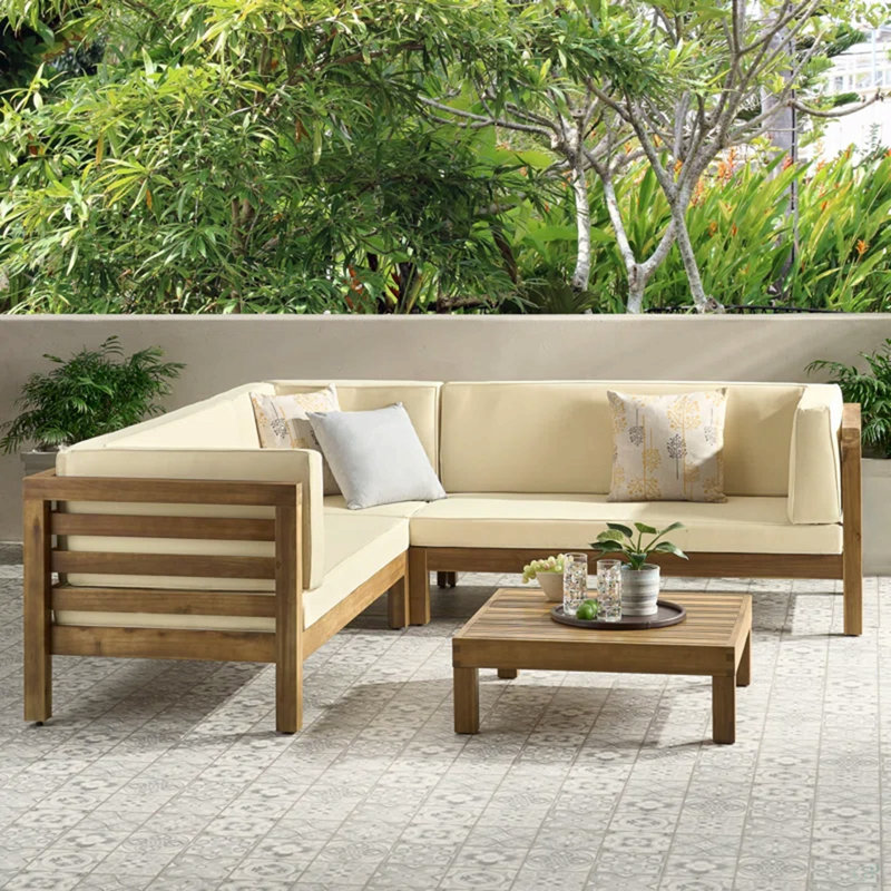 Ensemble modulaire d'extérieur en bois avec coussins, Coussin beige / structure brune