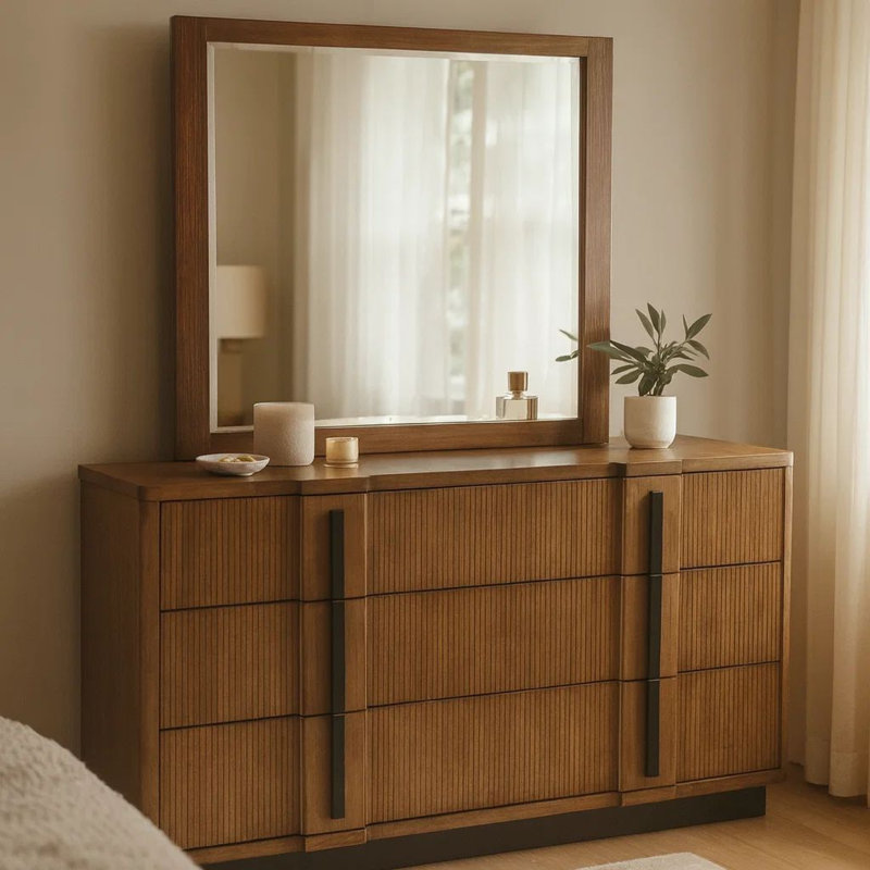 Commode large avec miroir Reon, 6 tiroirs, cannelures verticales, bois brun