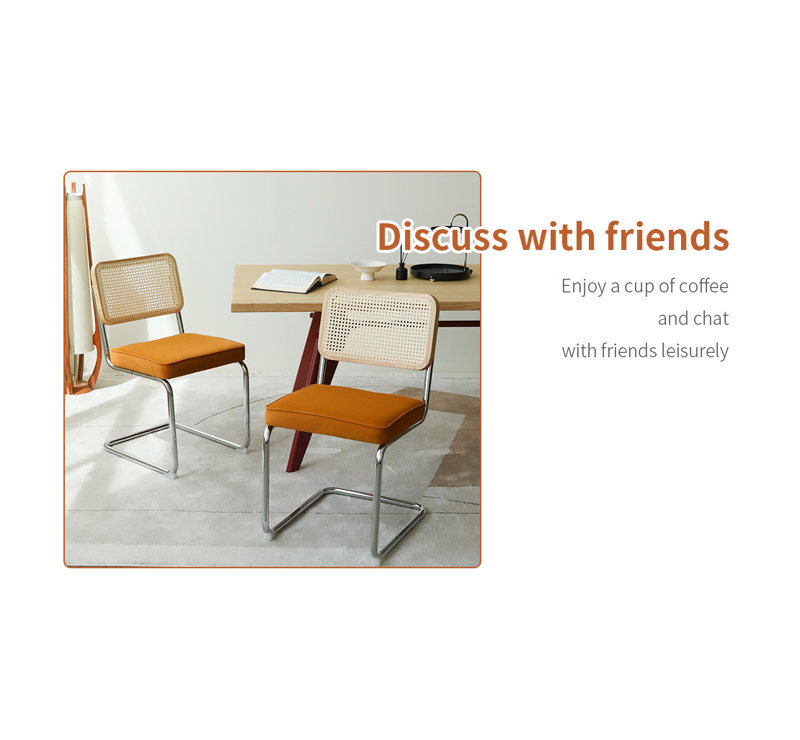 Ensemble de 2 chaises de salle à manger modernes en velours de style Mid-Century avec dossier en rotin et pieds chromés pour chaise de salon (orange)