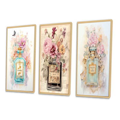 Ensemble d'art mural rétro à parfum floral, ensemble de 3 pièces - Bouteille de parfum pastel à motif floral rétro