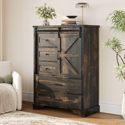 47" Tall Farmhouse 5 Drawer Sideboard Buffet, Storage Cabinet Chest With Sliding Barn Door & Shelf For Kitchen, Bathrooms
