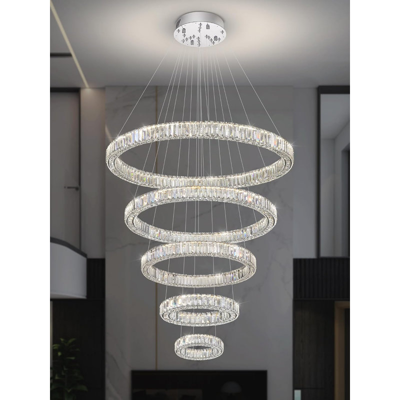 Grand lustre à 5 anneaux, lustre moderne pour hauts plafonds