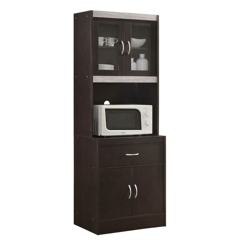 Kitchen Cabinet 22.7 inch Wide Freestanding China Display Hutch with Storage, Microwave Shelf and Utensil Drawer,, Chocolate
