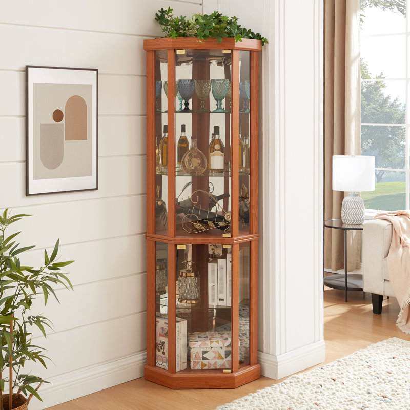 Vitrine d'angle avec système d'éclairage, tablettes réglables et dossier en miroir pour les antiquités mettant en valeur l'éclairage domestique