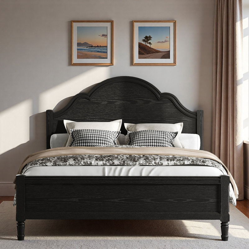 Lit plateforme en bois avec tête de lit courbée et pieds robustes, Queen, Black