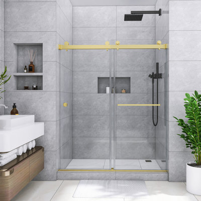 59 In. W X 72 In. H Double Sliding Frameless Shower Door In Brushed Gold Finish