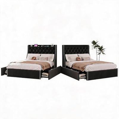 Ensemble de lit 2 pièces pour lit Queen Size, comprenant un cadre rembourré avec 4 tiroirs de rangement, une tête de lit à oreilles, une station de chargement USB/Type-C, un capitonnage en losanges, un sommier à lattes en bois, aucun sommier requis et un montage facile.