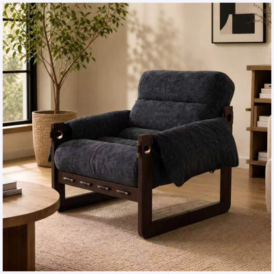 Chenille Upholstered Accent Lounge Chair with Rolled Arms & Wooden Frame