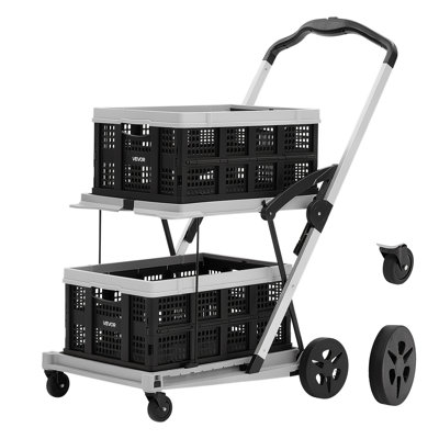 Collapsible Shopping Cart with Wheels Foldable for Grocery Black Gray, 200lbs Capacity Rolling Utility Cart, Storage Crate & Foot Brake, Portable Folding for Groceries, Warehouse, Supermarket