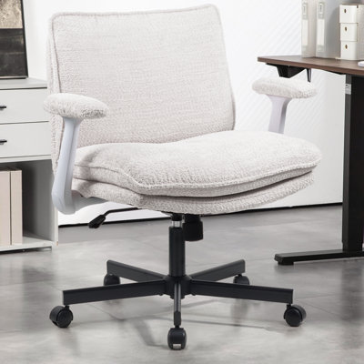 Cross-Legged Teddy  Office Chair With Flip up Armrest &Wide Seat，Ergonomic Fabric Home Office Chair 