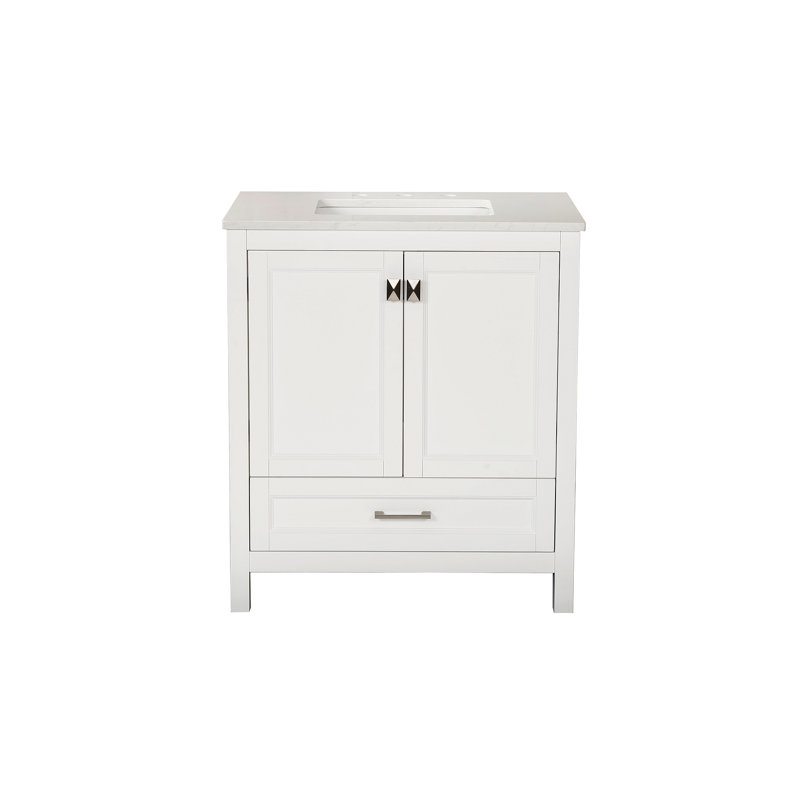Meuble-lavabo autoportant de 30 po avec lavabo, comptoir en marbre d'ingénierie Carrara avec lavabo rectangulaire encastré en céramique, grande porte de rangement à fermeture en douceur, structure en bois massif, blanc 24V03-30WH
