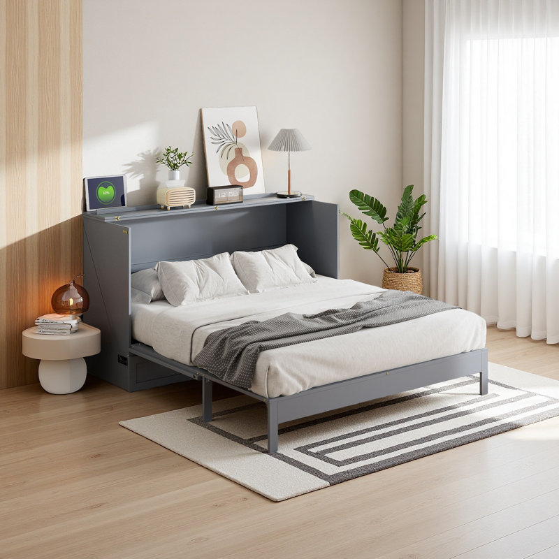Lit escamotable avec grands tiroirs Murphy, Gris, Grand lit
