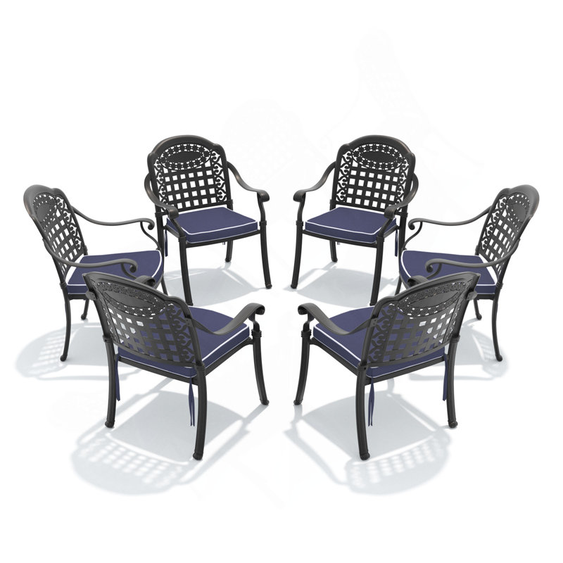 Chaise de patio en fonte d'aluminium 6 pièces avec structure et coussins noirs, 6, Bleu