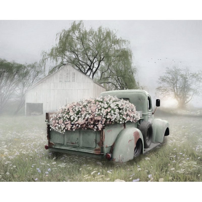 " Sage Green Truck With Blush Petunias ", 24" H x 32" W, Silver Floater Framed, Silver
