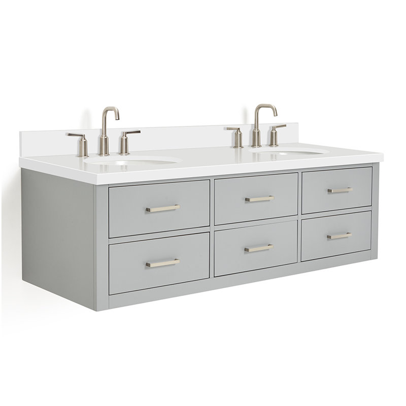 Ensemble de meuble-lavabo double mural 61 po Macmullin, Gris, Nickel brossé