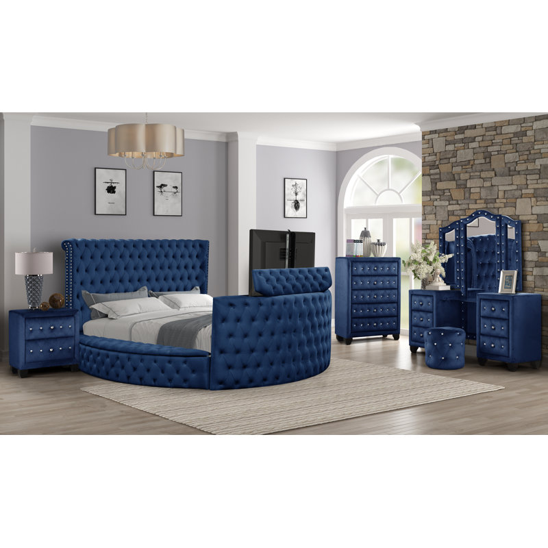 Ensemble de chambre à coucher 5 pièces Katsue, Bleu marine, Grand