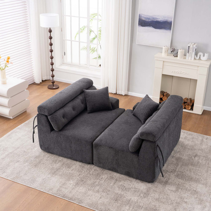 Canapé modulaire 4 places avec tissu en chenille grain de bois et 2 coussins, Gris foncé