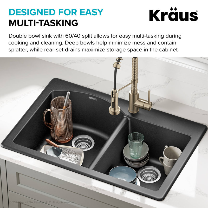 KRAUS Forteza™ 33" L Dual Mount 60/40 Double Bowl Granite Kitchen Sink, Black