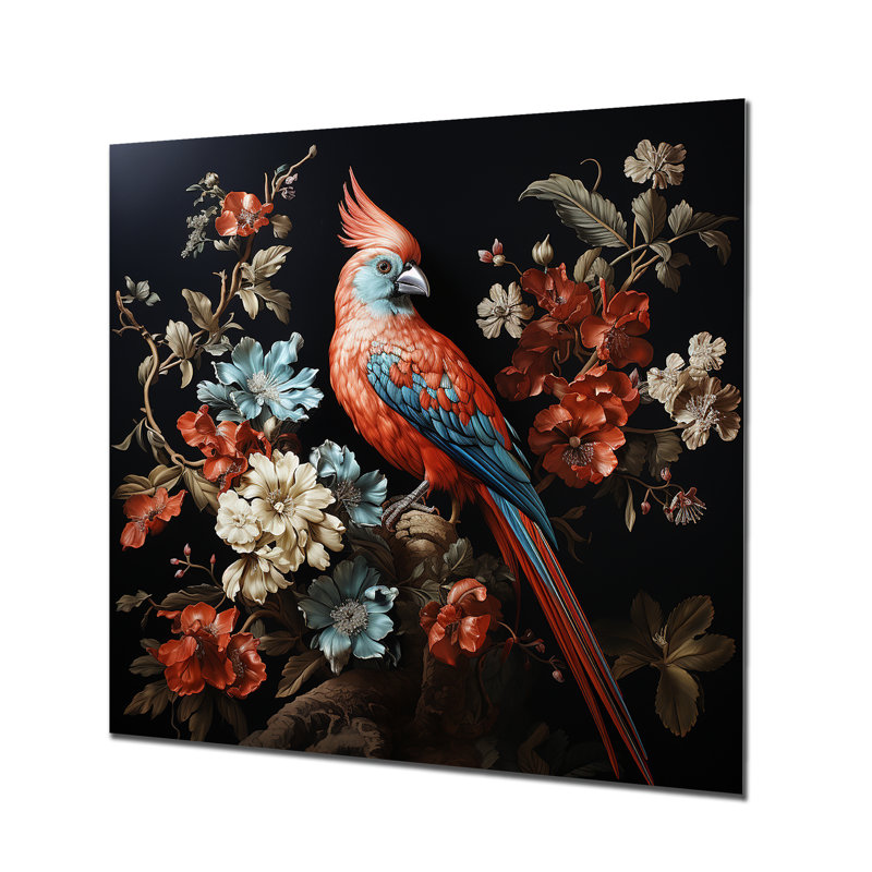 «Red Bird Serenity Blooms» - art mural en métal avec ours en peluche, H 29 po x l 29 po