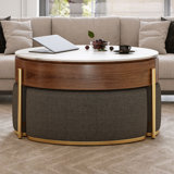 Modern Lift-Top Round Coffee Table With Hidden Storage, Walnut Veneer & Sintered Stone Top,3 Upholstered Nesting Ottomans, Space-Saving Design
