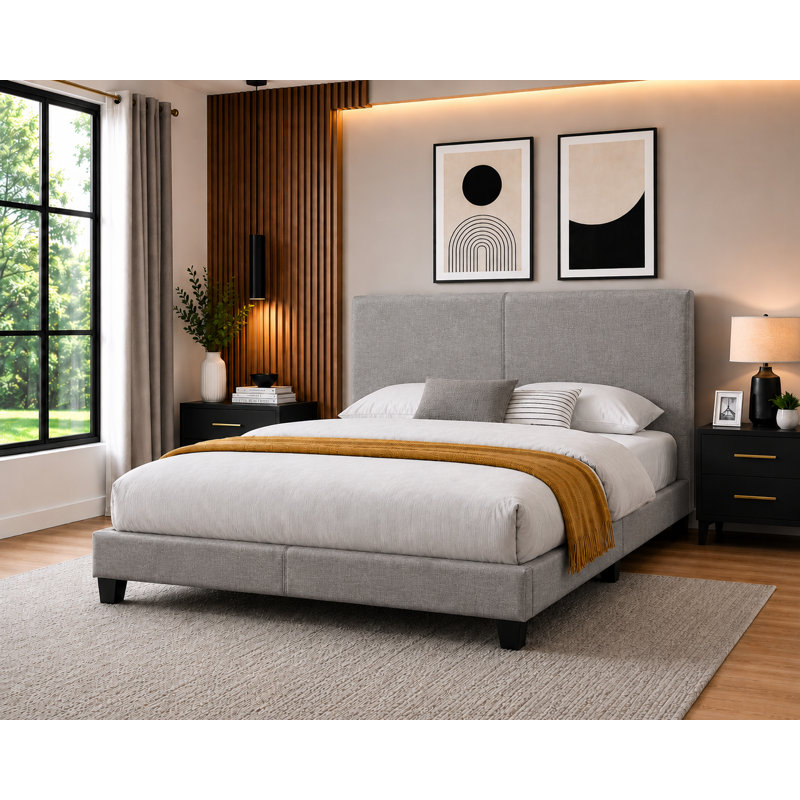 Lit plateforme tapissier moderne avec tête de lit ajustable, structure de lit en lin, gris, double, Gris, Double