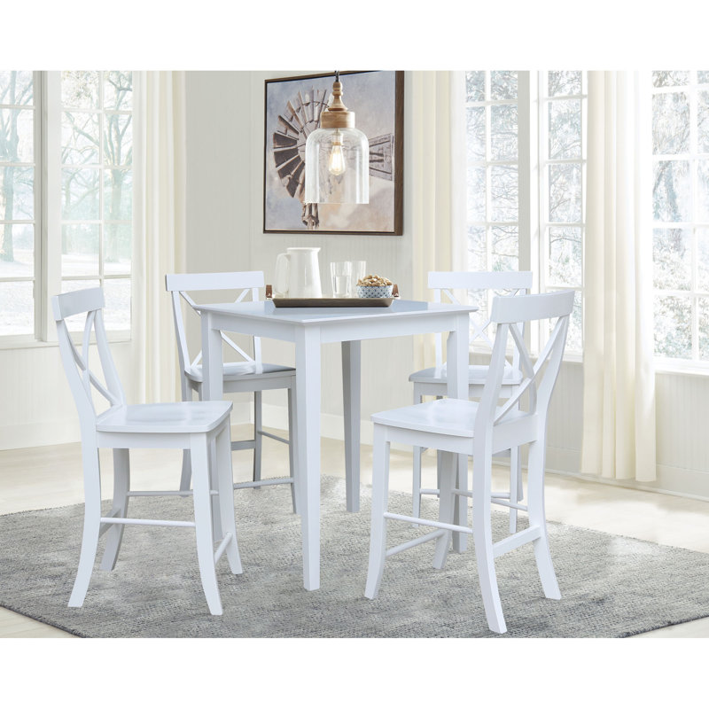 Ensemble de salle à manger à hauteur de comptoir en bois massif, 5 pièces : 1 table, 4 chaises, Blanc