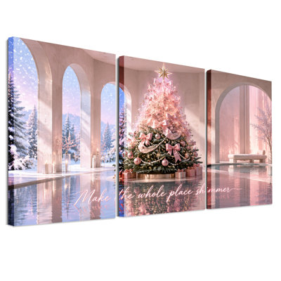 " Pink Tree With Gold Star In Indoor Pool Christmas " 3 Piece Art