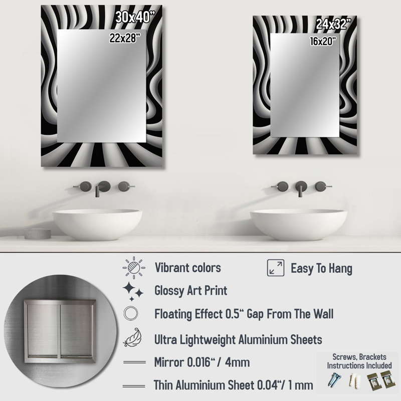 Noir et blanc, art optique Dream I - Op Art, grand miroir mural, miroir moderne unique, 32 po x 24 po