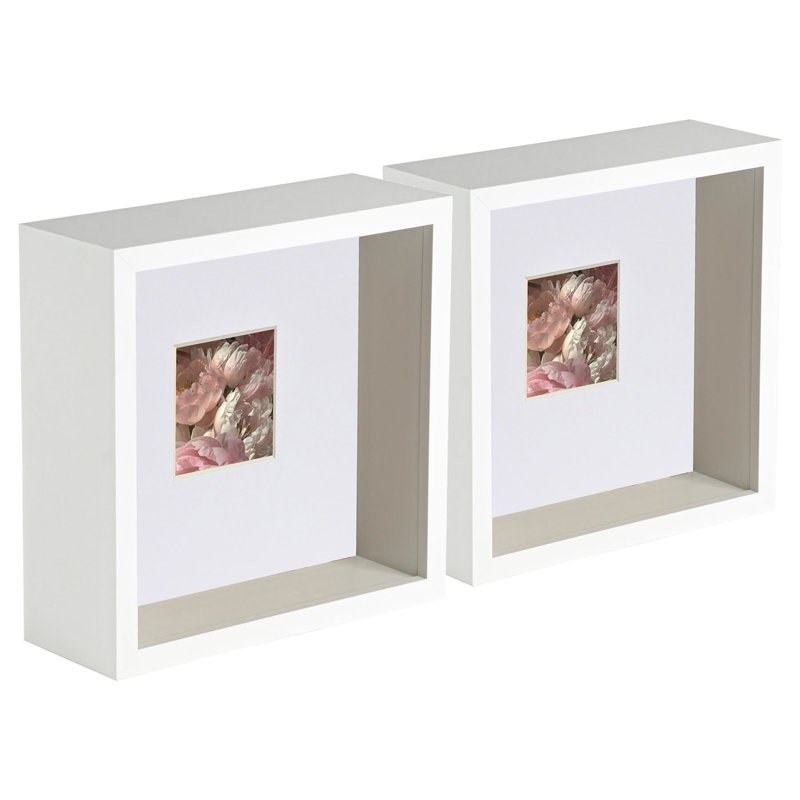 Bevelled Shadow Box Picture Frame with Mat, 16.5cm H x 16.5cm W x 6cm D, White/White
