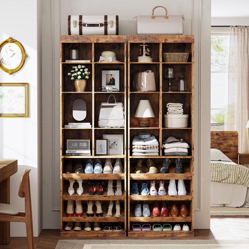 20-Pair Shoe Cabinet with Shelves and Cubbies, Vintage Brown