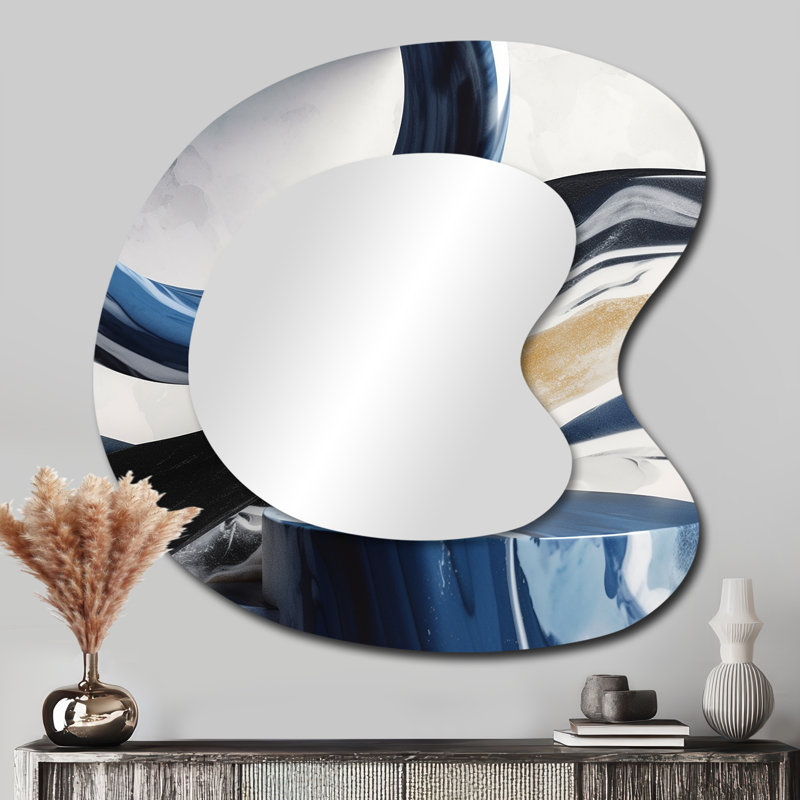 Marbre bleu crème à formes audacieuses - Art abstrait en métal marbré - Miroir mural moderne et irrégulier, 33 po x 33 po