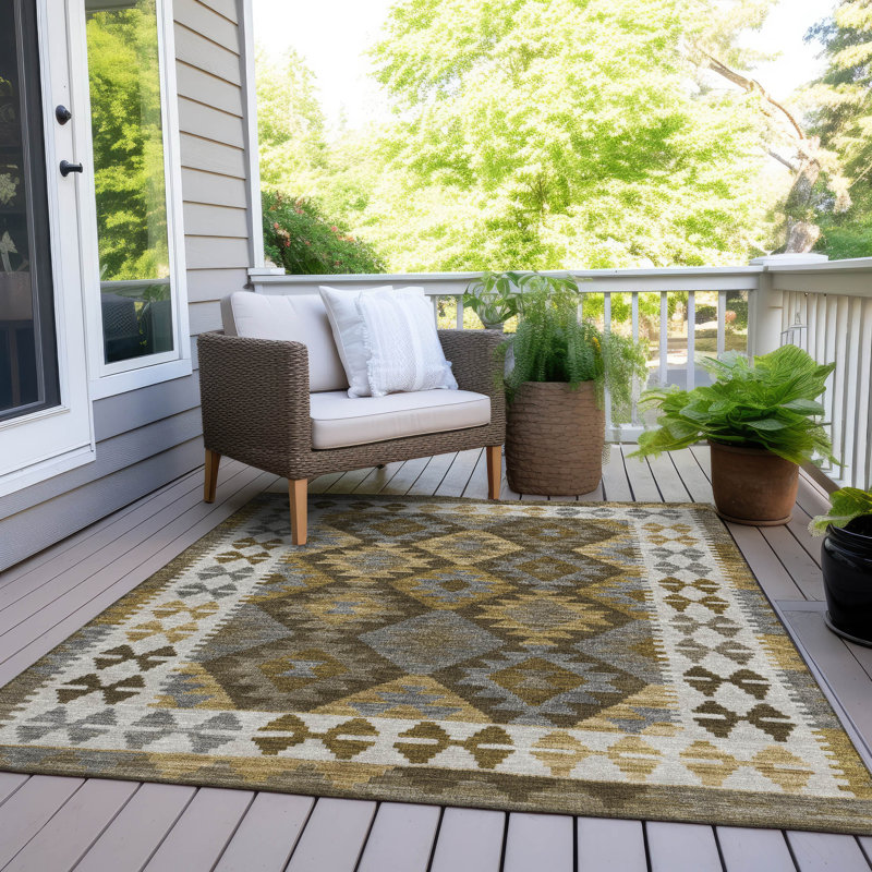 Tapis intérieur / extérieur brun lavable à la machine Xhevrie, Rectangle 9 pi x 12 pi
