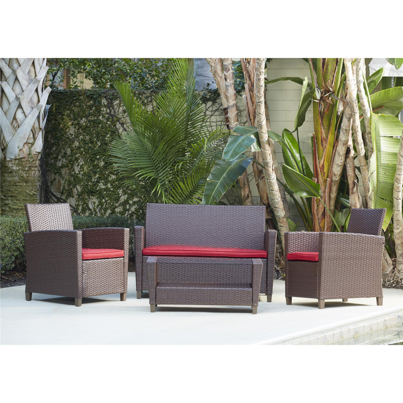 Lancashire 4 - Person Rattan Seating Group with Cushions, Brown/Red
