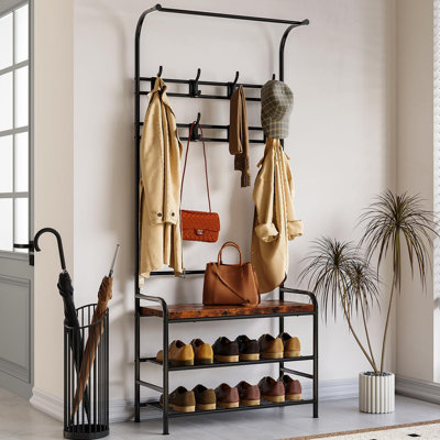 Hall Tree Shoe Bench, 4-in-1 Entryway Storage Bench with 8 Sturdy Hooks, Freestanding Coat Rack for Small Spaces, Apartments, Bedroom
