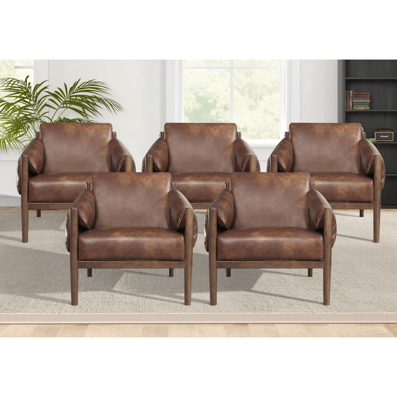 27.6'' Wide Vegan Leather Upholstered Accent Chair With Removable Arm Cushions（Set Of 5）, Light Brown