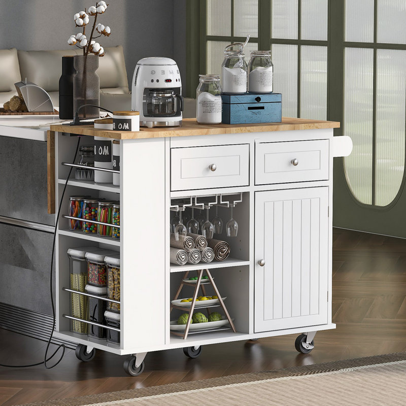 Kitchen Island With Power Outlet,Kitchen Storage Island With Drop Leaf And Rubber Wood,Open Storage And Wine Rack,5 Wheels,With Adjustable Storage For Home, Kitchen, And Dining Room