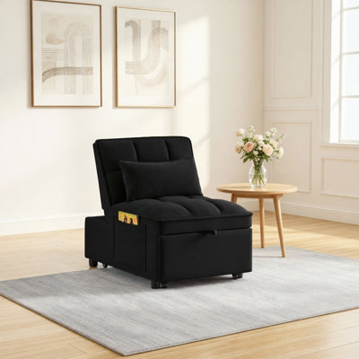4 In1 Multi-Function Single Sofa Bed With Storage Pockets,Tufted Single Pull-Out Sofa Bed With Adjustable Backrest And Pillows ,Convertible  Chaise Lounge,Black