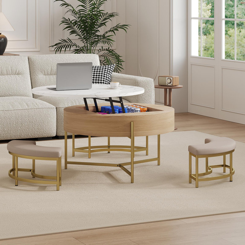 Table basse moderne à plateau relevable avec rangement et 3 repose-pieds blanc et naturel