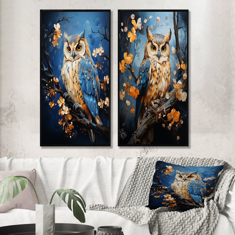 «Enchanted Forest Sentinels Owl - Owl», ensemble de 2 reproductions d'art mural, Cadre flottant noir, H 40 po x l 41 po