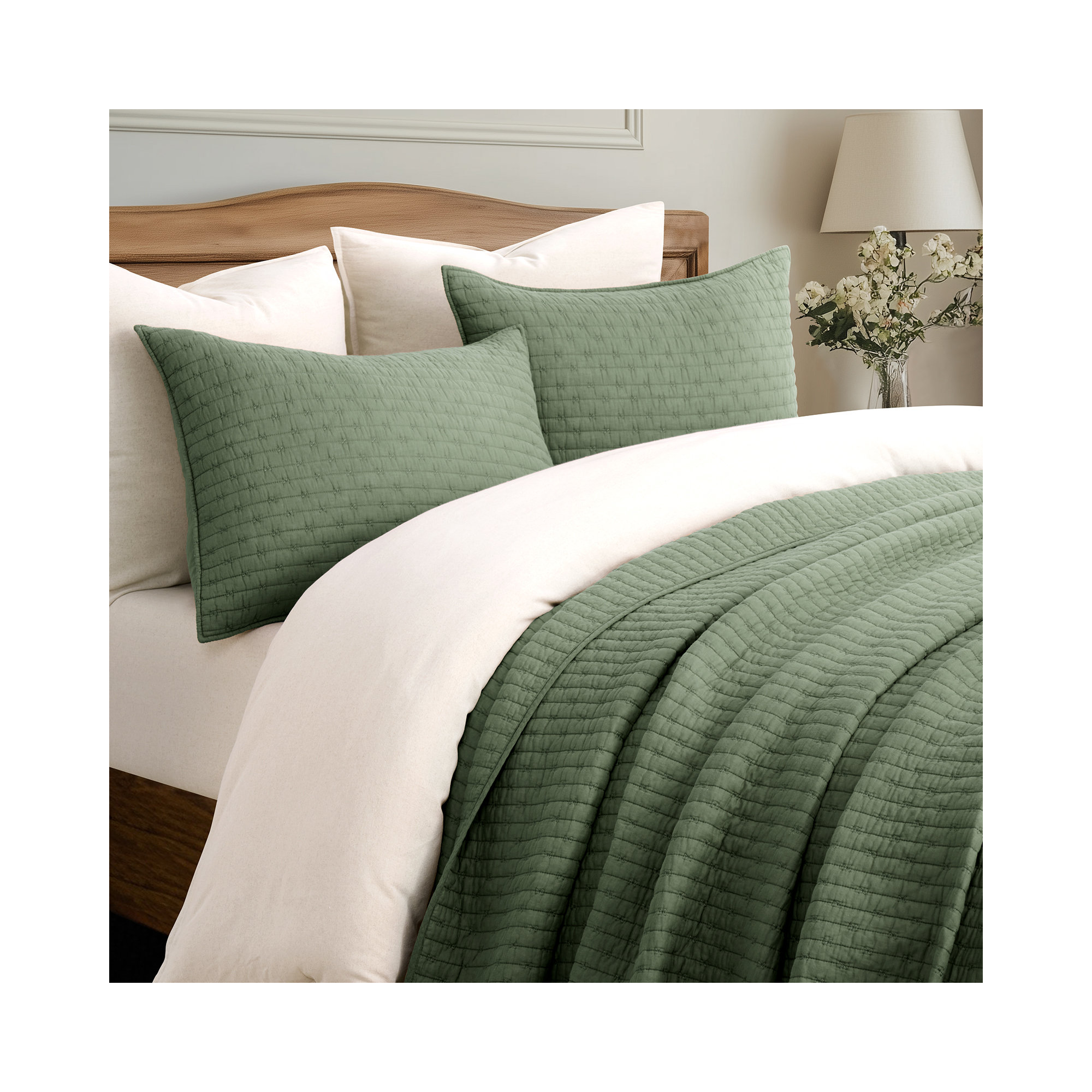 Cross Stitch Cotton Quilt set, Queen, Olive Green
