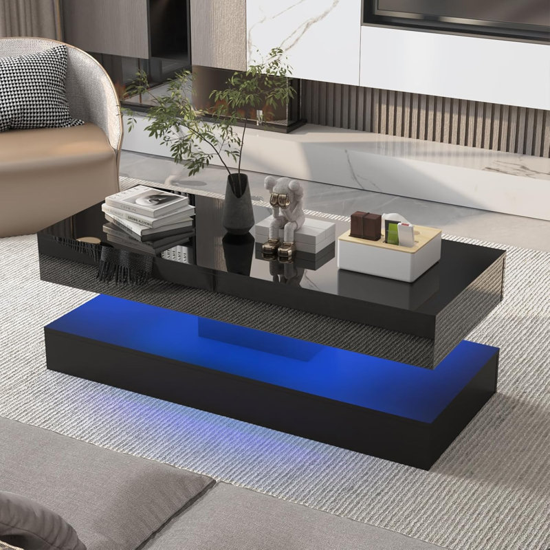 Table basse de 39,4 po moderne à DEL ultrabrillante avec 2 tiroirs de rangement, lumière centrale RVB de contrôle APP, imperméable et résistante aux égratignures