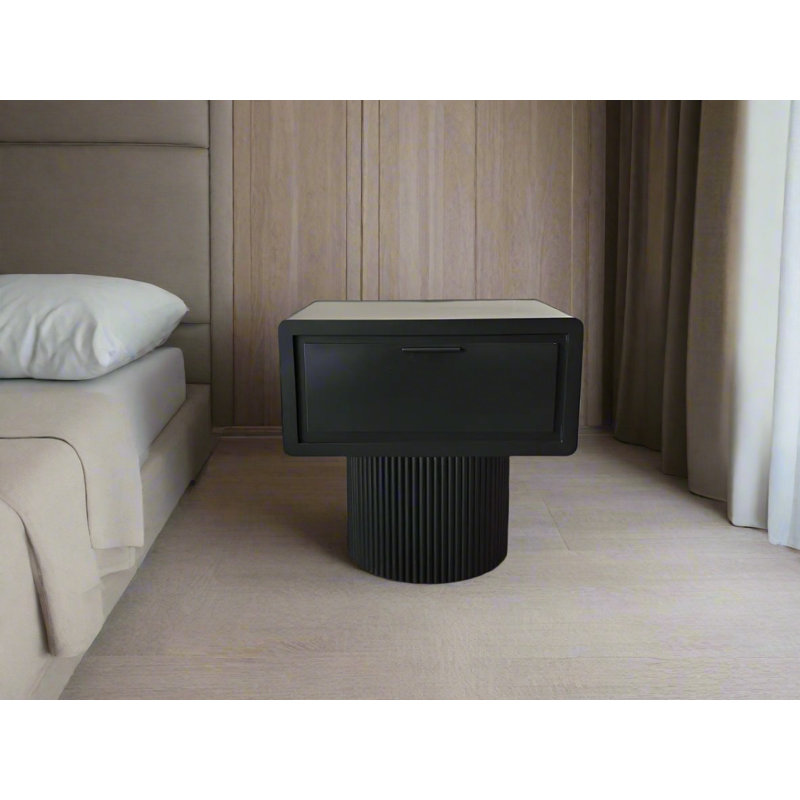 Modern Marant Fluted Nightstand with Curved Edge Drawer – 1-Drawer Wood Side Table for Bedroom or Living Room, Black