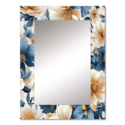 Analise Blue Retro Finesse Floral Pattern - Floral Large Wall Mirror, Cottage Decorative Mirror, Printed Metal Art