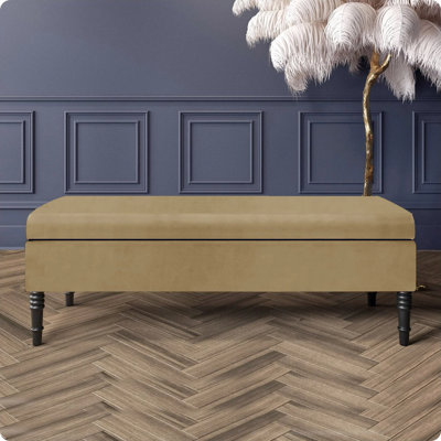 Safar Plain Upholstered Plush Velvet Ottoman Storage Bench with Black Turned Wooden Legs