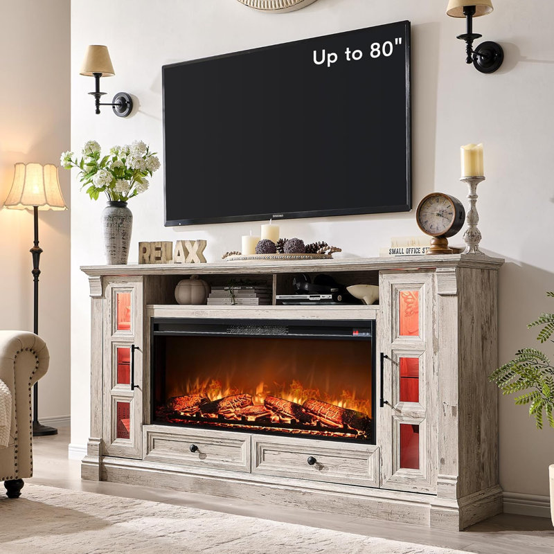 Farmhouse Tv Stand With Electric Fireplace, Antique Brush White
