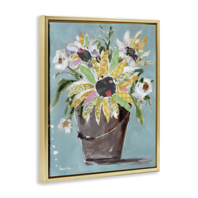 "Flower Bucket Bouquet", art mural sur toile flottante noire par Amanda Hilburn