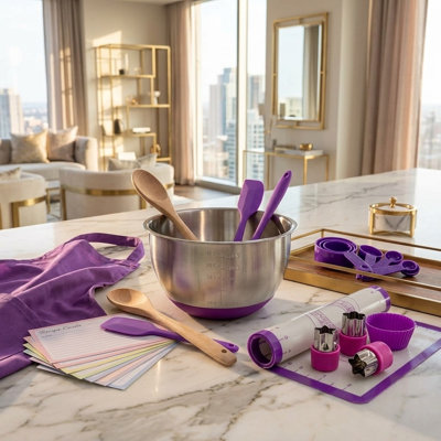 Ensemble de cuisson pour enfants - jouets de cuisine réalistes, comprend des ustensiles de cuisine pour enfants, des outils de mesure et des ustensiles de cuisson - cadeau de jeu de rôle Montessori (mauve)
