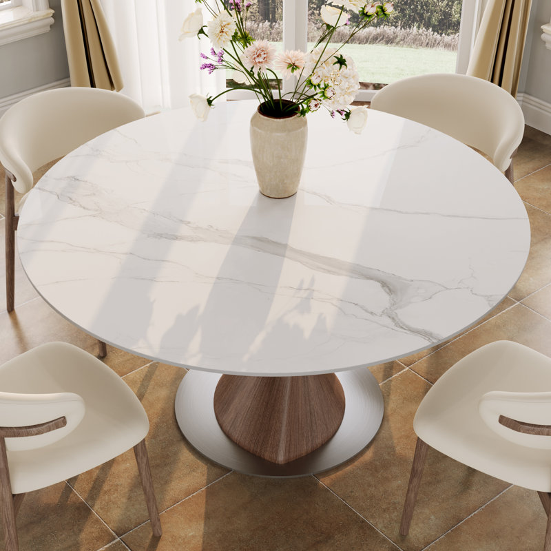 Table de salle à manger stable pour 4, Blanc lustré, 29.53"H x 47.24"L x 47.24"W, Noyer foncé